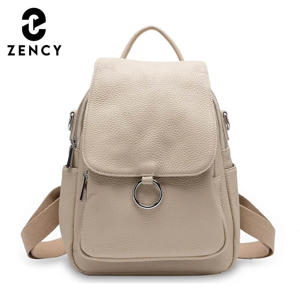 Zency New Fashion Women Backpack 100% Genuine Leather Winter Beige Daily Casual Travel Bag Classic Black Schoolbag Knapsack