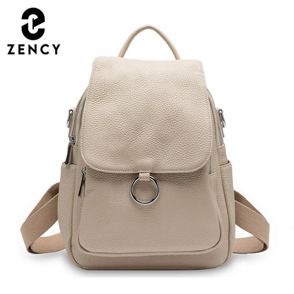 Zency New Fashion Women Backpack 100% Genuine Leather Winter Beige Daily Casual Travel Bag Classic Black Schoolbag Knapsack
