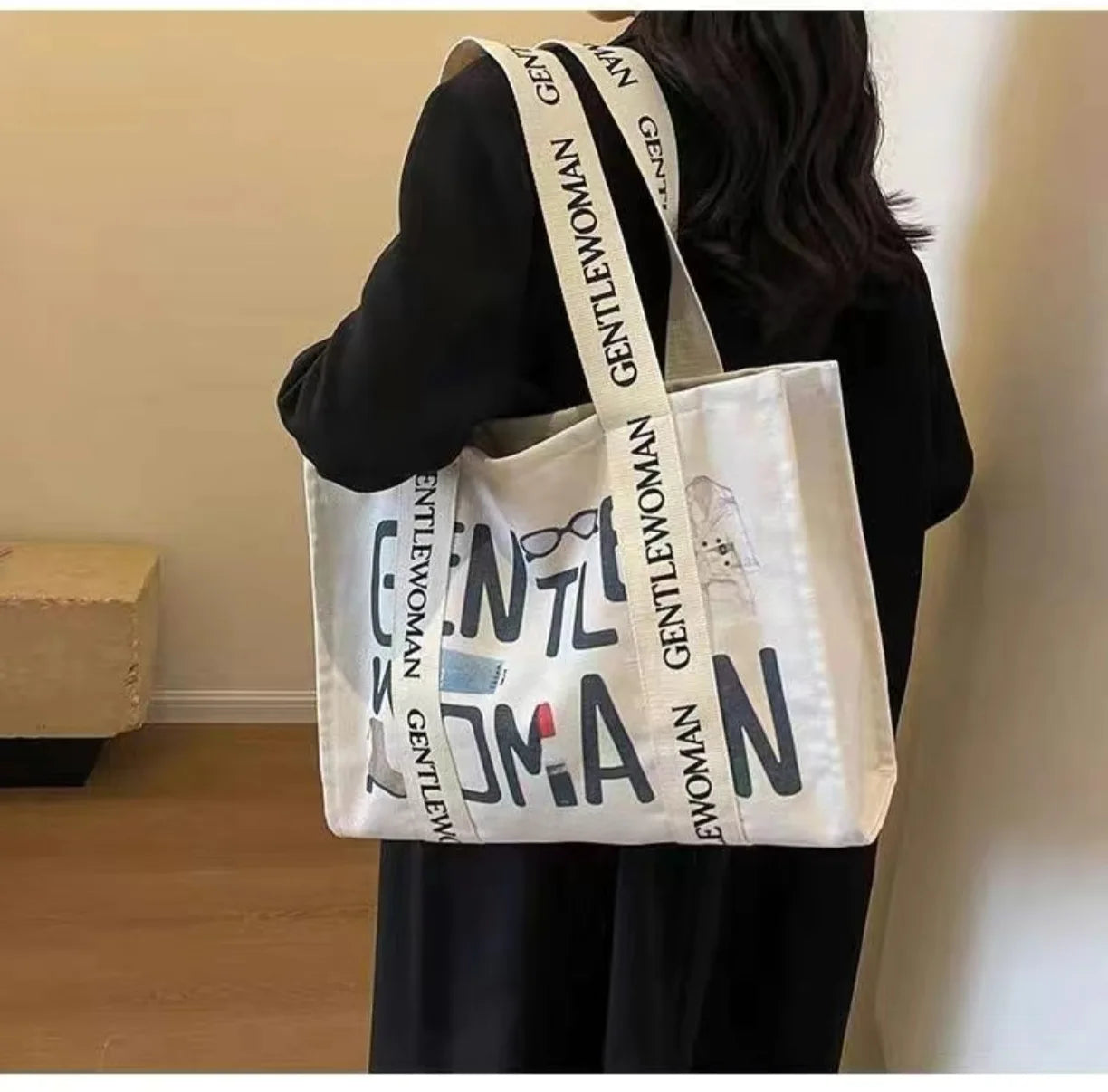 Fashion Letter Print Large Canvas Tote Bag Women Casual Commute Shopping Shoulder Handbag