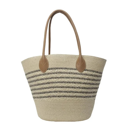 Striped Woven Straw Beach Tote Bag Large Capacity Nail Detail Shoulder Bag for Women Seaside Vacation Vegetable Basket