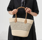 Striped Woven Straw Beach Tote Bag Large Capacity Nail Detail Shoulder Bag for Women Seaside Vacation Vegetable Basket