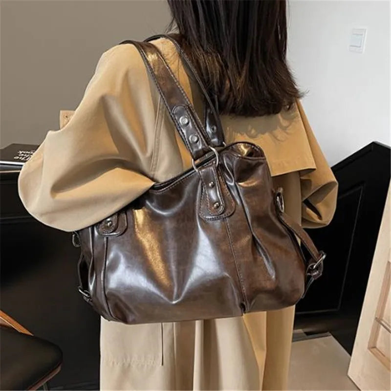 Retro Oil Wax Faux Leather Tote Bag Large Capacity Handbag Shoulder Bag  Adjustable Strap Crossbody Bags Satchel Purse for Daily