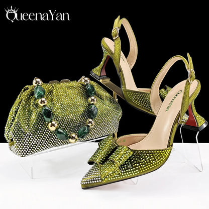 Queena Yan Shiny Italian Fashion Pointed Toe Women High Heel Shoes Mixed Color Effect Rhinestone Decoration Shoes And Bag Set