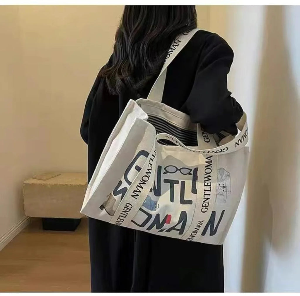 Fashion Letter Print Large Canvas Tote Bag Women Casual Commute Shopping Shoulder Handbag