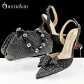 Queena Yan Shiny Italian Fashion Pointed Toe Women High Heel Shoes Mixed Color Effect Rhinestone Decoration Shoes And Bag Set