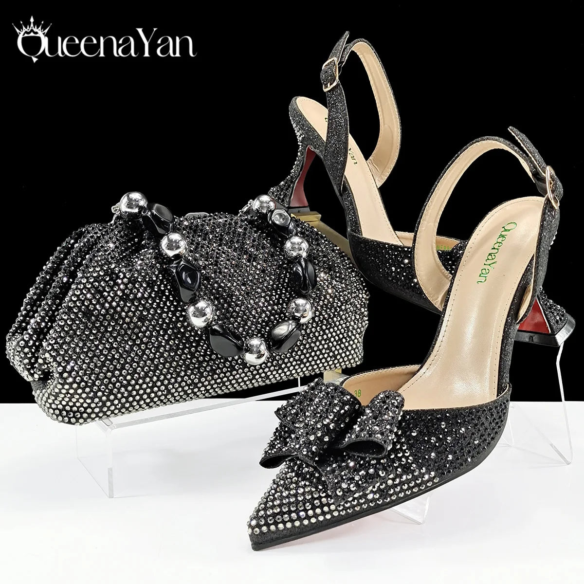 Queena Yan Shiny Italian Fashion Pointed Toe Women High Heel Shoes Mixed Color Effect Rhinestone Decoration Shoes And Bag Set