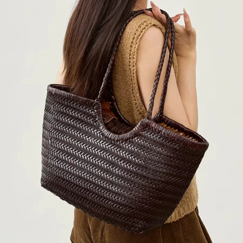 Brand Hand-woven Tote Bag French Genuine Leather Large Vegetable Basket Bag With Woven Inner Pocket Shoulder Underarm Tote Bag