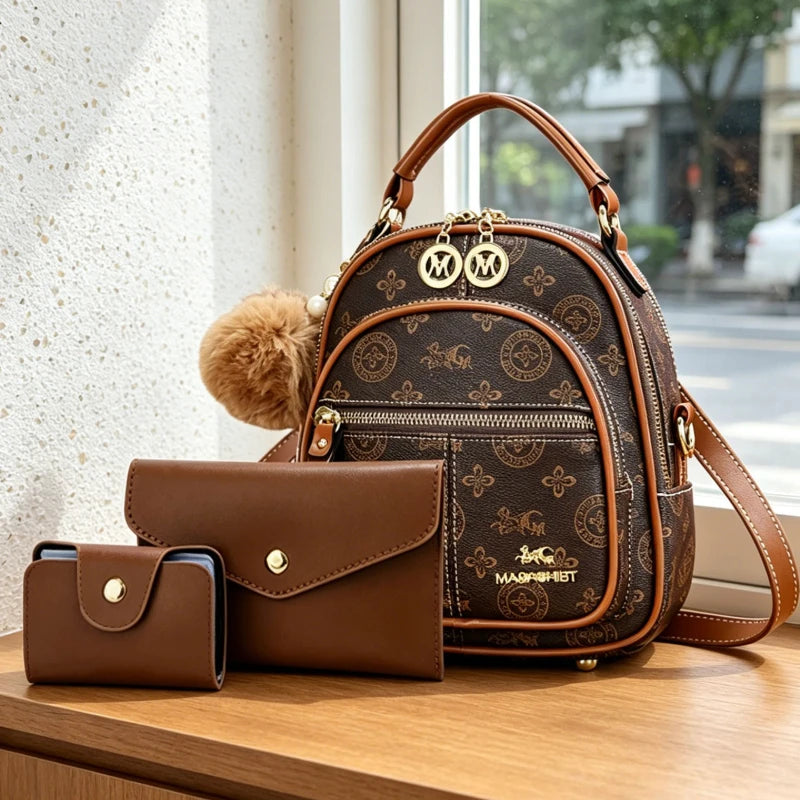 3-piece women's bag set, lightweight luxury printed mini backpack for ladies with four carrying ways: shoulder, crossbody
