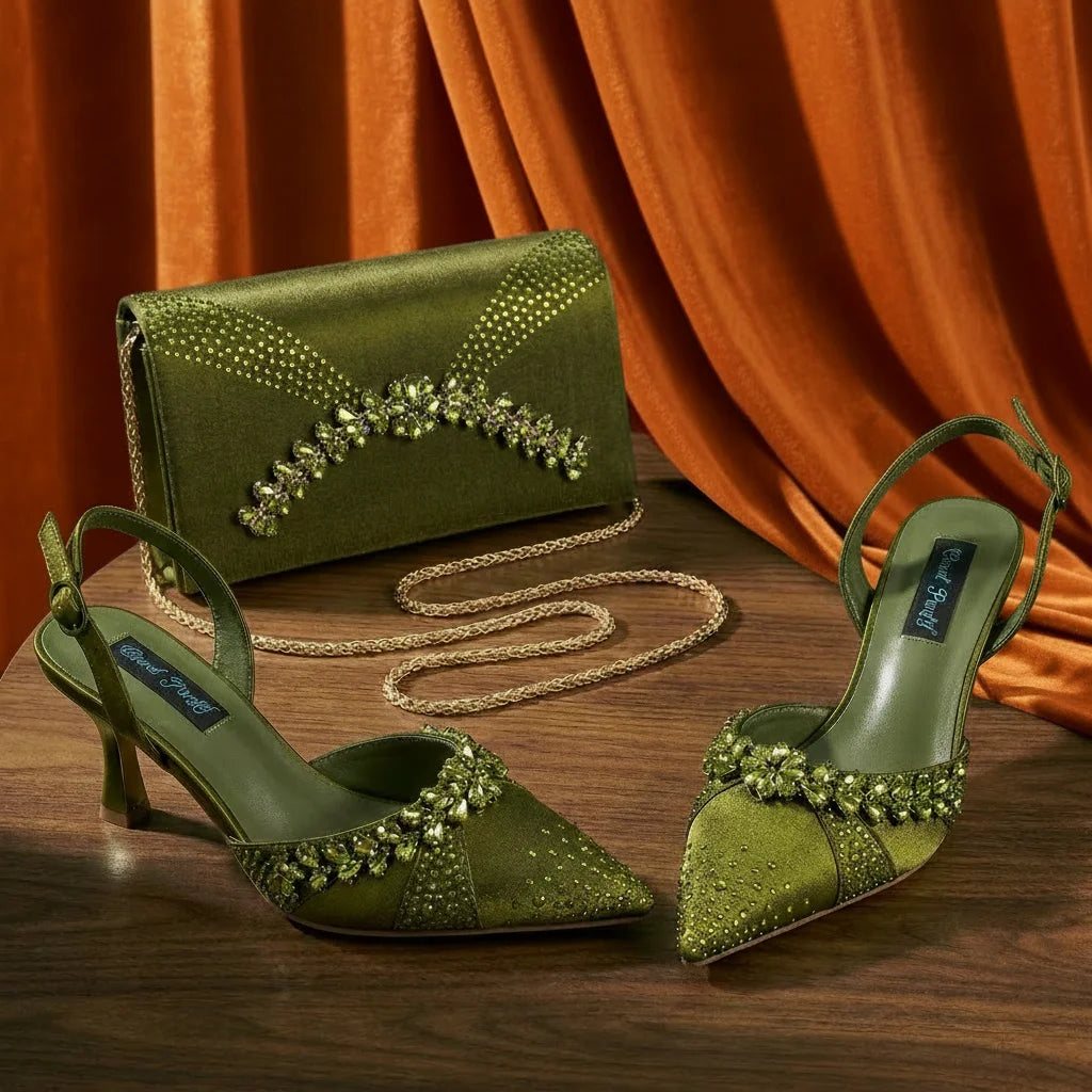 2026 Italian Inspired Olive Rhinestone HAND CRAFTED UPPER Pointed Toe Women High Heels Shoes and Bag Set Elegant Party Shoes