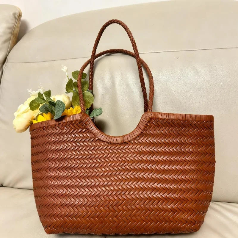 Brand Hand-woven Tote Bag French Genuine Leather Large Vegetable Basket Bag With Woven Inner Pocket Shoulder Underarm Tote Bag