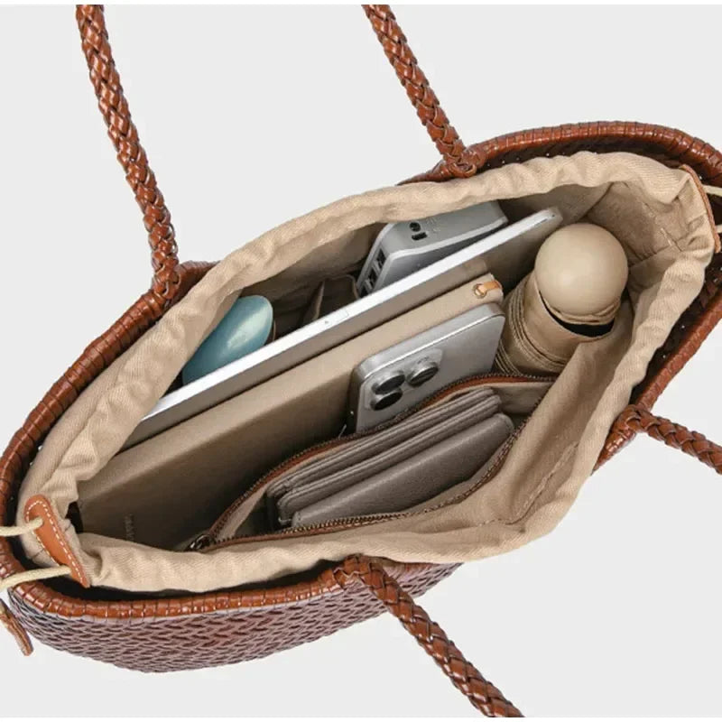 Brand Hand-woven Tote Bag French Genuine Leather Large Vegetable Basket Bag With Woven Inner Pocket Shoulder Underarm Tote Bag