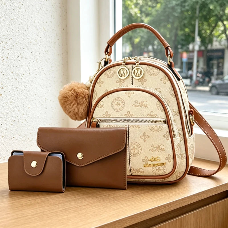 3-piece women's bag set, lightweight luxury printed mini backpack for ladies with four carrying ways: shoulder, crossbody