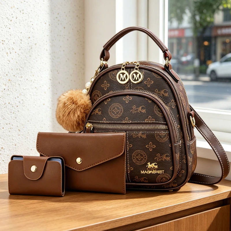 3-piece women's bag set, lightweight luxury printed mini backpack for ladies with four carrying ways: shoulder, crossbody