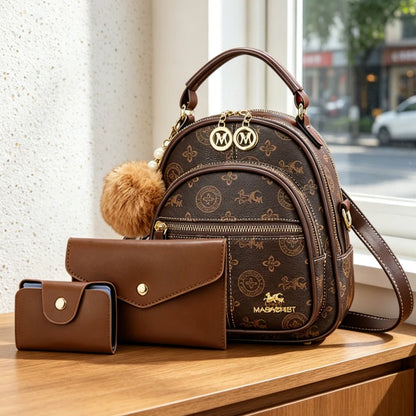 3-piece women's bag set, lightweight luxury printed mini backpack for ladies with four carrying ways: shoulder, crossbody