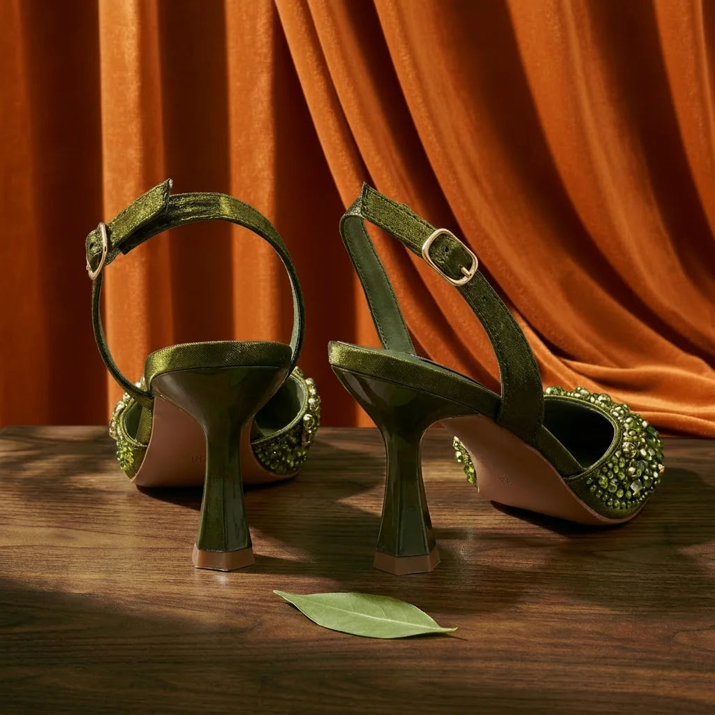 2026 Italian Inspired Olive Rhinestone HAND CRAFTED UPPER Pointed Toe Women High Heels Shoes and Bag Set Elegant Party Shoes