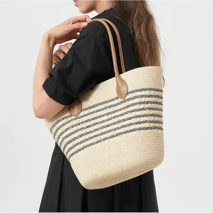 Striped Woven Straw Beach Tote Bag Large Capacity Nail Detail Shoulder Bag for Women Seaside Vacation Vegetable Basket