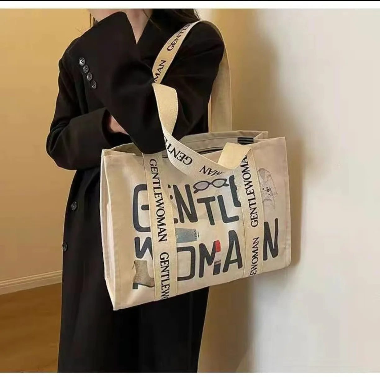 Fashion Letter Print Large Canvas Tote Bag Women Casual Commute Shopping Shoulder Handbag