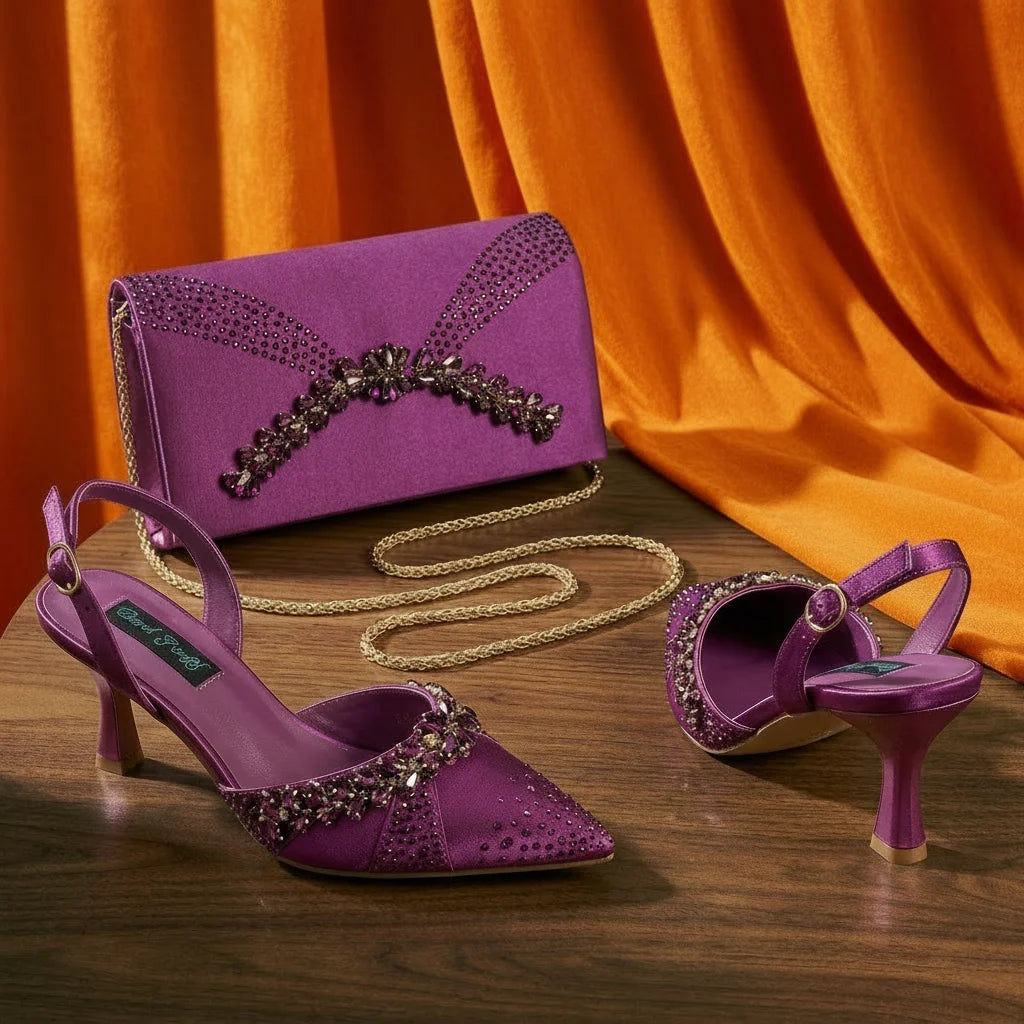 2026 Italian Inspired Olive Rhinestone HAND CRAFTED UPPER Pointed Toe Women High Heels Shoes and Bag Set Elegant Party Shoes