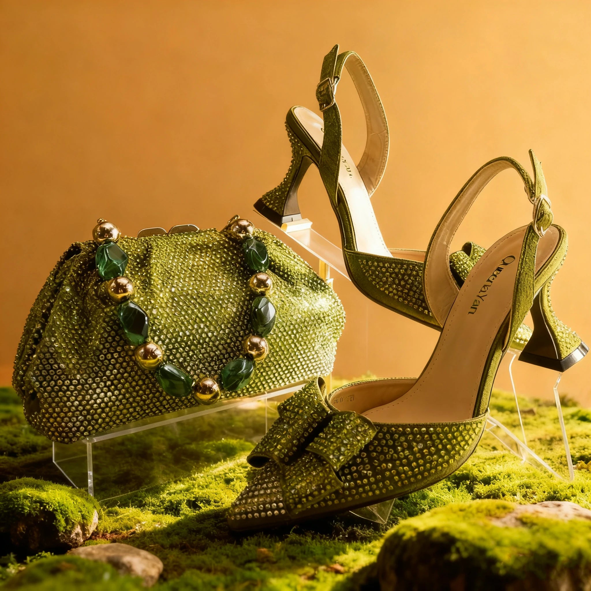 Queena Yan Shiny Italian Fashion Pointed Toe Women High Heel Shoes Mixed Color Effect Rhinestone Decoration Shoes And Bag Set