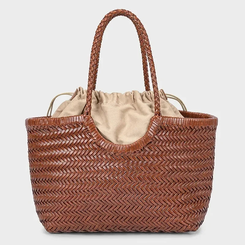 Brand Hand-woven Tote Bag French Genuine Leather Large Vegetable Basket Bag With Woven Inner Pocket Shoulder Underarm Tote Bag
