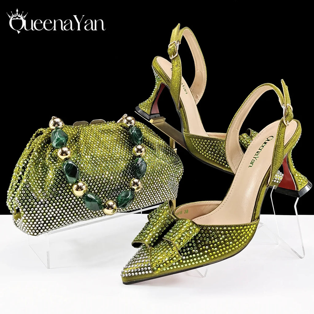 Queena Yan Shiny Italian Fashion Pointed Toe Women High Heel Shoes Mixed Color Effect Rhinestone Decoration Shoes And Bag Set