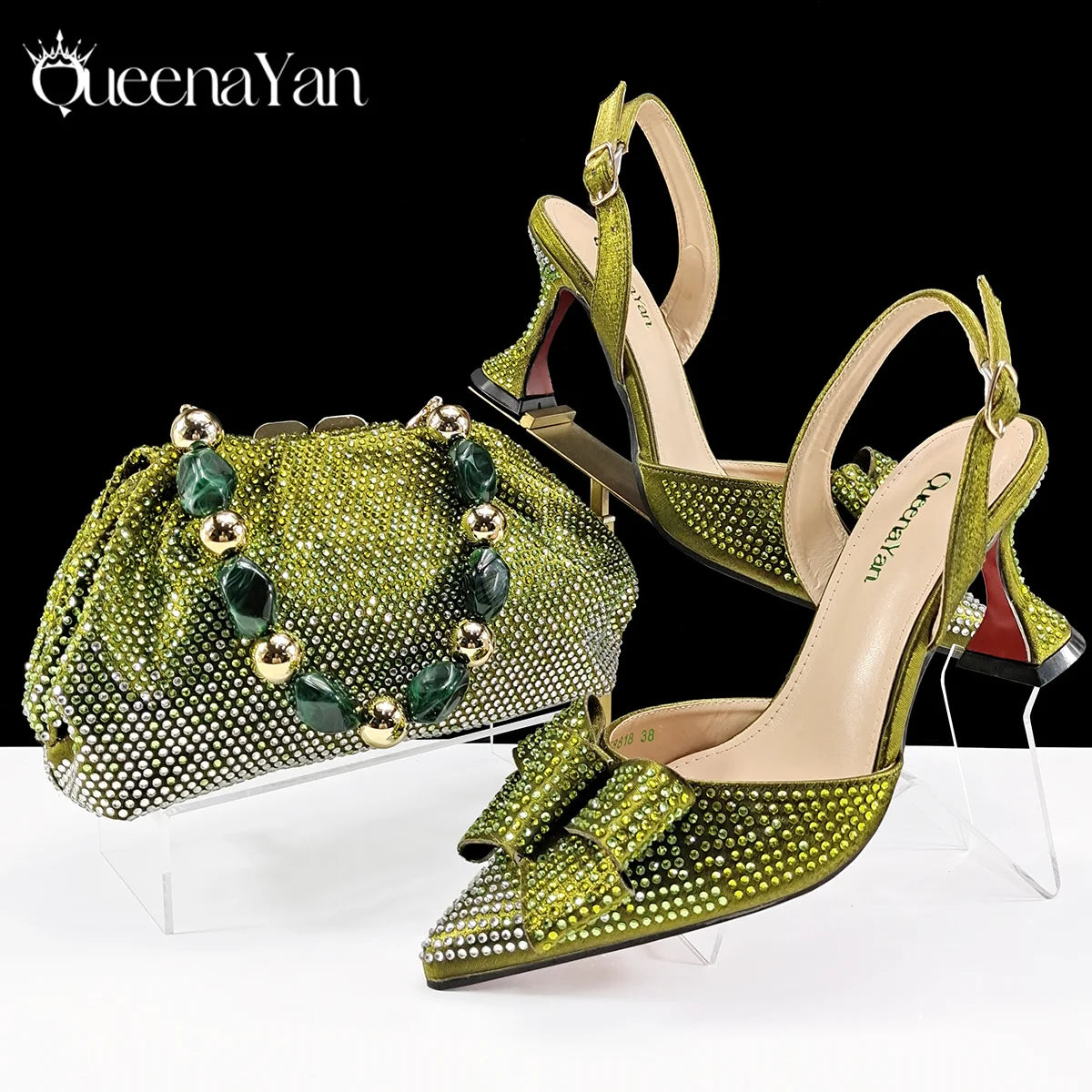 Queena Yan Shiny Italian Fashion Pointed Toe Women High Heel Shoes Mixed Color Effect Rhinestone Decoration Shoes And Bag Set