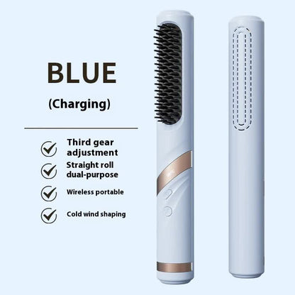 NNEDSZ Blue Portable USB Rechargeable Cold Wind Ionic Hair Straightening Brush, Multi-Functional Hair Straightener and Curler, Lightweight and Travel-Friendly