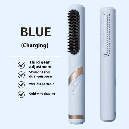 NNEDSZ Blue Portable USB Rechargeable Cold Wind Ionic Hair Straightening Brush, Multi-Functional Hair Straightener and Curler, Lightweight and Travel-Friendly