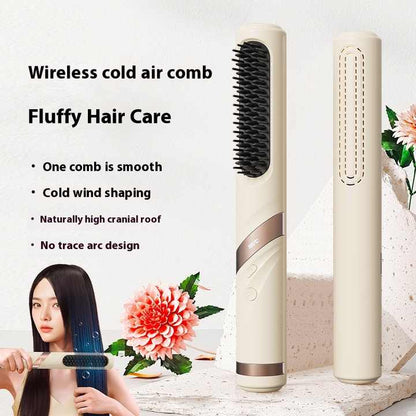 NNEDSZ Blue Portable USB Rechargeable Cold Wind Ionic Hair Straightening Brush, Multi-Functional Hair Straightener and Curler, Lightweight and Travel-Friendly