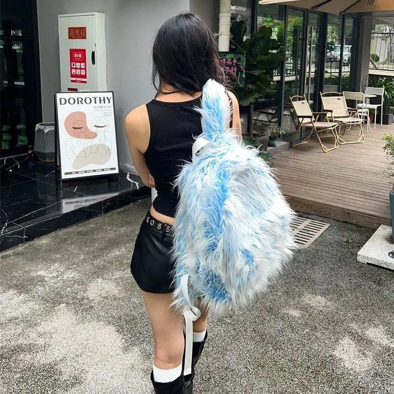 JIAERDI Ice Blue Long Plush Backpack Women Soft Large Capacity Mens Backpack Ladies Fashion Trendy Outdoor Travel School Bag New