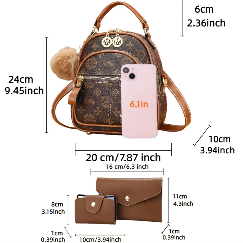3-piece women's bag set, lightweight luxury printed mini backpack for ladies with four carrying ways: shoulder, crossbody