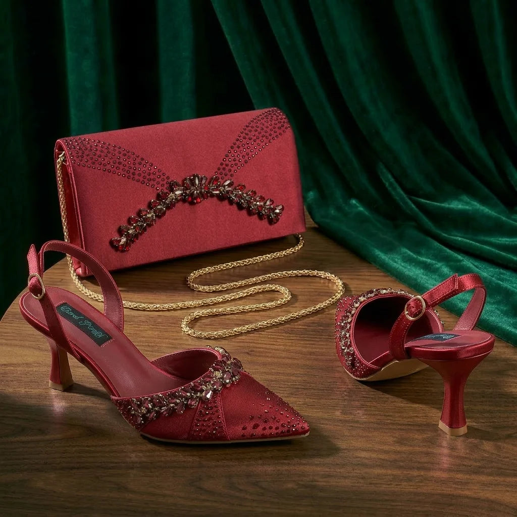 2026 Italian Inspired Olive Rhinestone HAND CRAFTED UPPER Pointed Toe Women High Heels Shoes and Bag Set Elegant Party Shoes