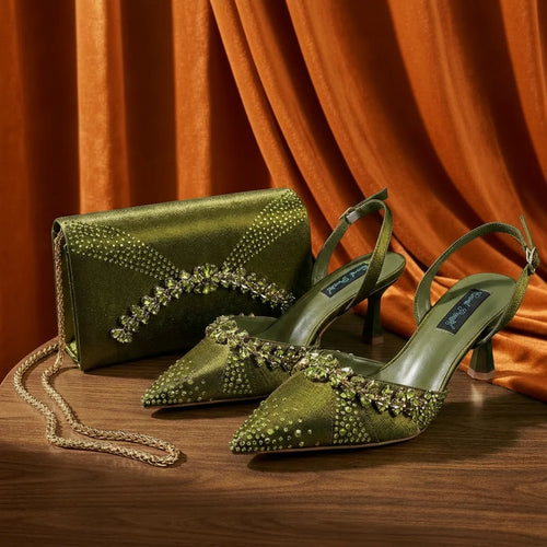 2026 Italian Inspired Olive Rhinestone HAND CRAFTED UPPER Pointed Toe Women High Heels Shoes and Bag Set Elegant Party Shoes