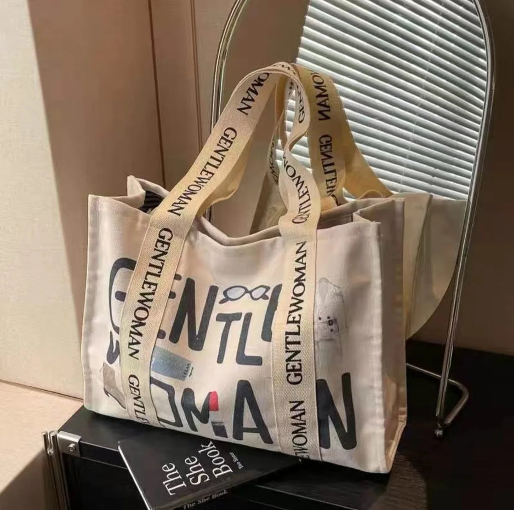 Fashion Letter Print Large Canvas Tote Bag Women Casual Commute Shopping Shoulder Handbag