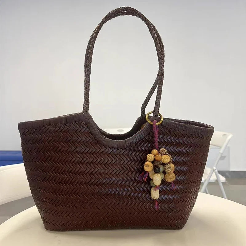 Brand Hand-woven Tote Bag French Genuine Leather Large Vegetable Basket Bag With Woven Inner Pocket Shoulder Underarm Tote Bag