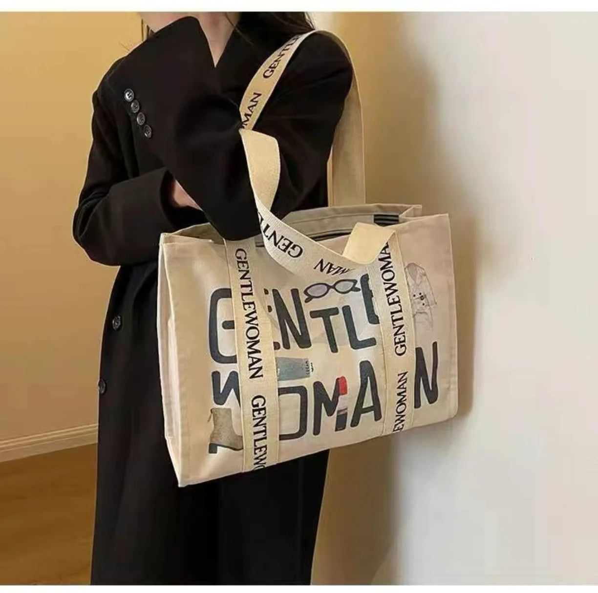 Fashion Letter Print Large Canvas Tote Bag Women Casual Commute Shopping Shoulder Handbag