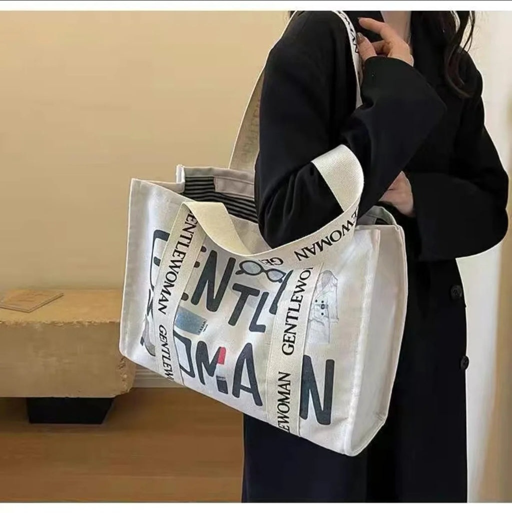 Fashion Letter Print Large Canvas Tote Bag Women Casual Commute Shopping Shoulder Handbag