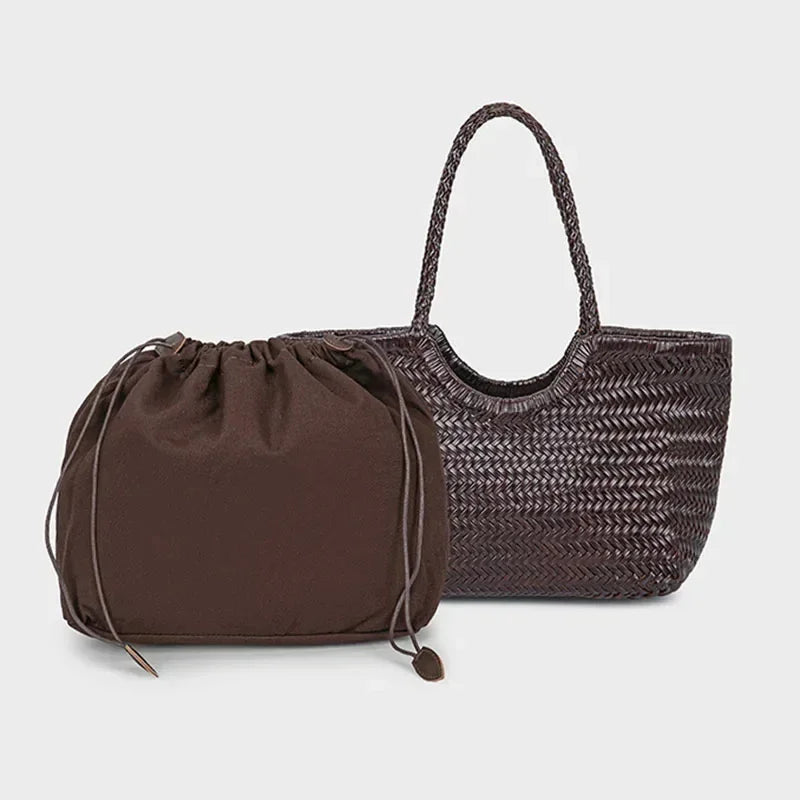Brand Hand-woven Tote Bag French Genuine Leather Large Vegetable Basket Bag With Woven Inner Pocket Shoulder Underarm Tote Bag