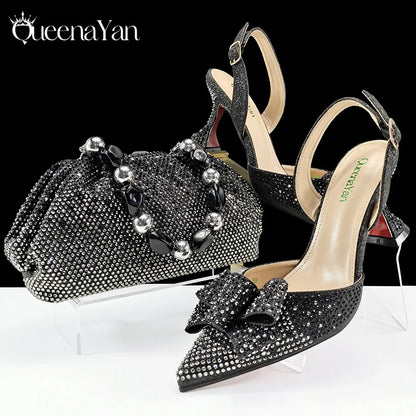 Queena Yan Shiny Italian Fashion Pointed Toe Women High Heel Shoes Mixed Color Effect Rhinestone Decoration Shoes And Bag Set